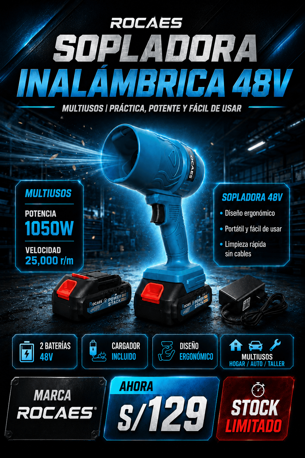Sopladora Inálambrica Rocaes - 2 Baterias 48V