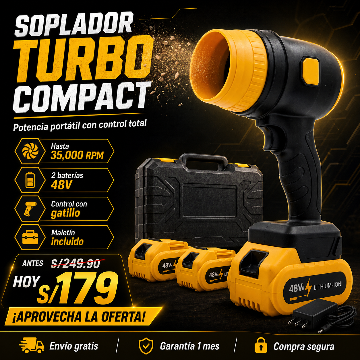 Soplador Turbo Compact 48V 35000RPM | Soplador Inalámbrico Portátil con 2 Baterías