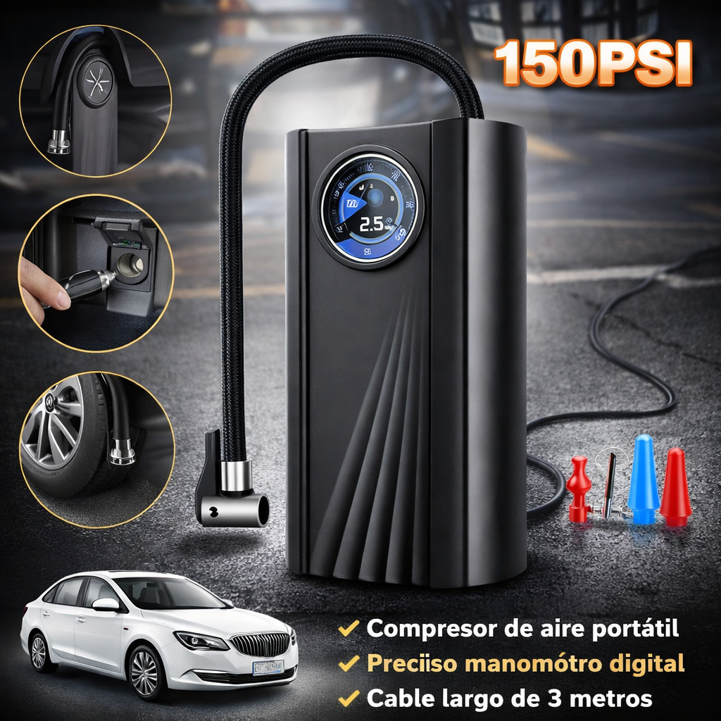 Compresor de Aire Portátil 150 PSI 12V – Inflador para Auto, Moto y Bicicleta con Manómetro
