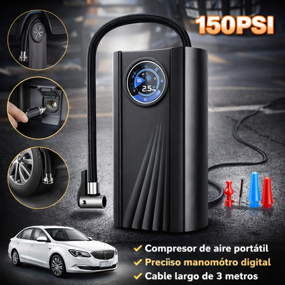 Compresor de Aire Portátil 150 PSI 12V – Inflador para Auto, Moto y Bicicleta con Manómetro