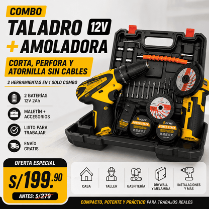 Combo Taladro + Amoladora 12V – Corta, Perfora y Atornilla Sin Cables