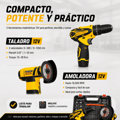 Combo Taladro + Amoladora 12V – Corta, Perfora y Atornilla Sin Cables