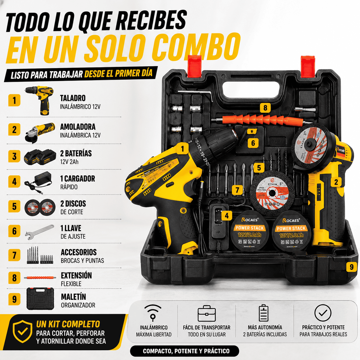 Combo Taladro + Amoladora 12V – Corta, Perfora y Atornilla Sin Cables