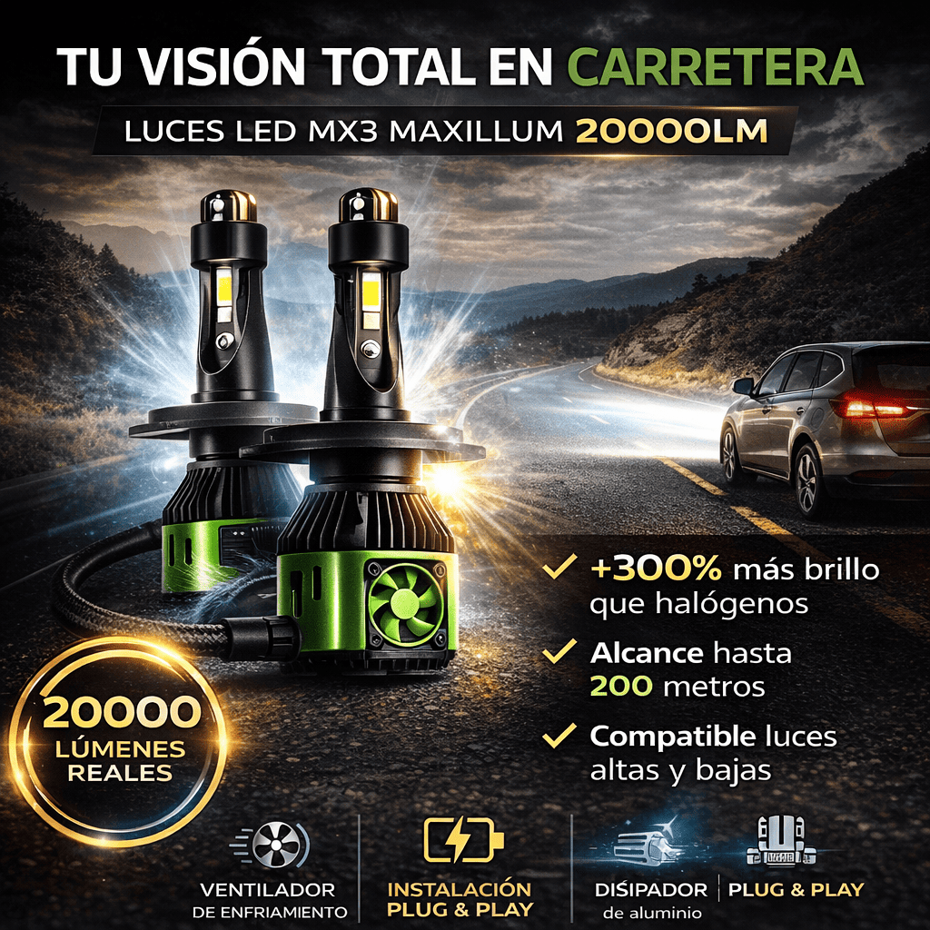 Luces LED H4 MX3 Maxillum 20000LM 200W | Faros LED Alta Potencia con Ventilador