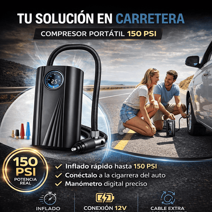 Compresor de Aire Portátil 150 PSI 12V – Inflador para Auto, Moto y Bicicleta con Manómetro